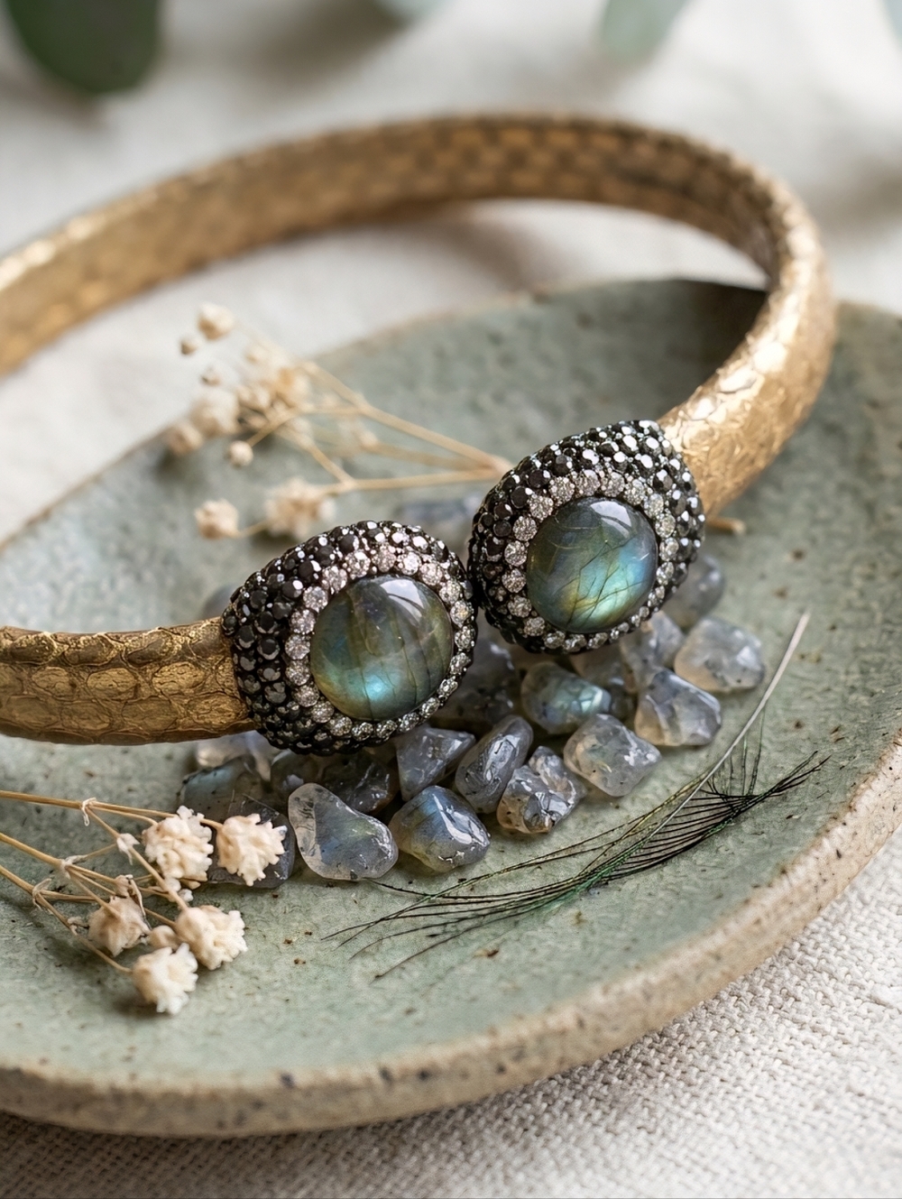 Golden Python Leather Labradorite Open Cuff Bracelet Artisan Statement Jewelry